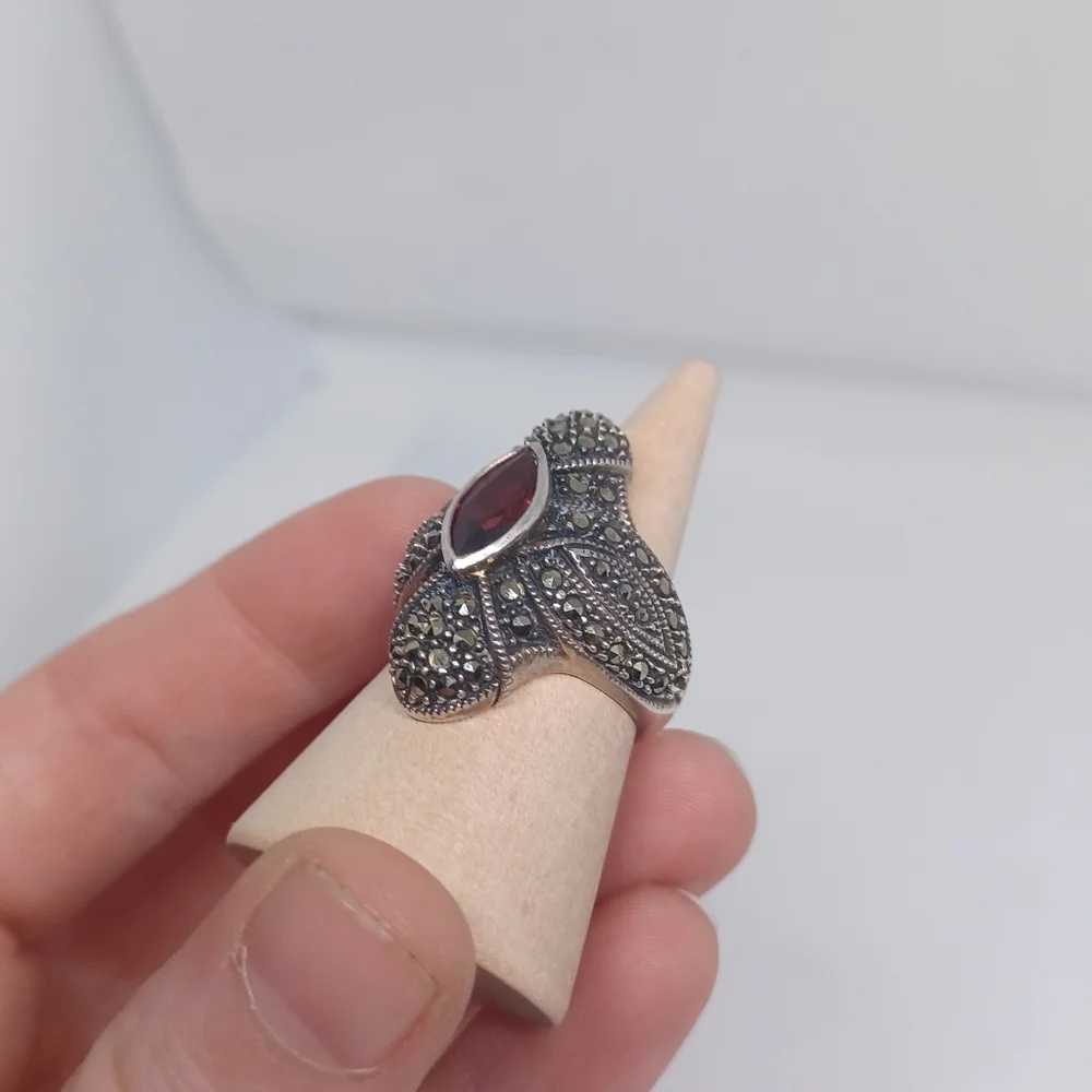 Vintage Sterling Judith Jack Red Garnet Marcasite Deco Statement Ring